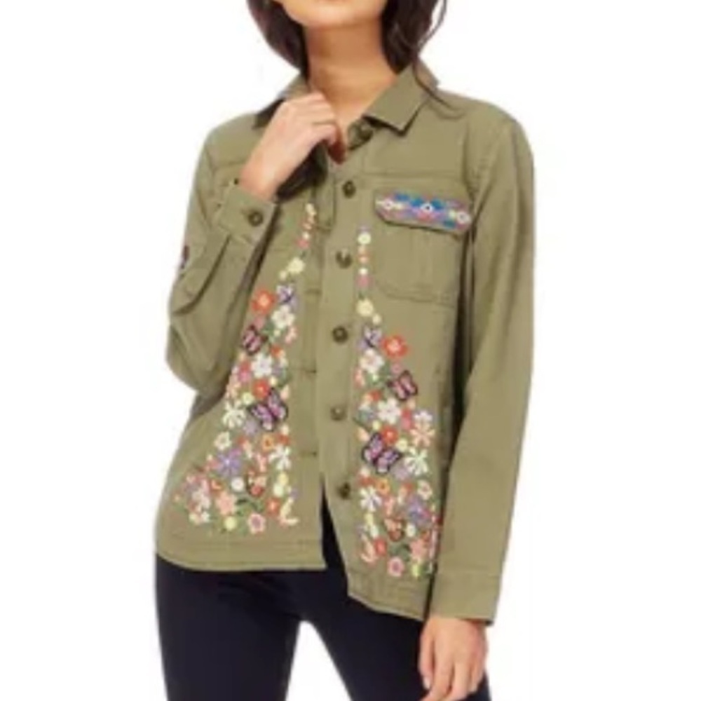 RedHerring Army Green Floral Butterfly Embroidered Utility Jacket Size 8